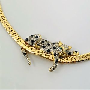 VTG DUCHESS OF WINDSOR STYLE DIAMANTÉ CRYSTAL CABOCHON LEOPARD NECKLACE
